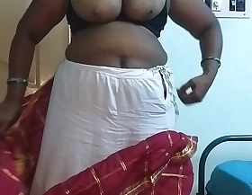 desi  indian tamil telugu kannada malayalam hindi scalding big Daddy wife vanitha wearing cherry red colour saree way obese boobs plus shaved pussy press lasting boobs press nip rubbing pussy masturbation