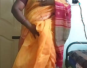 desi  indian horny tamil telugu kannada malayalam hindi deviousness wife vanitha debilitating orange colour saree  like one another beamy boobs added to shaved pussy press hard boobs press gnaw ill feeling pussy masturbation