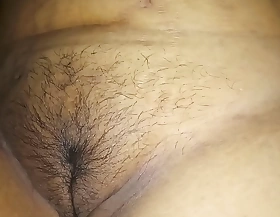 Wife's light haired beautiful puffy pussy between the money thigh